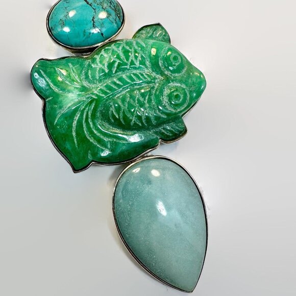 Amy Kahn Russel Pendant: Jade Turquoise Chrysoprase Vintage Carved Stone 5" Long - Picture 4 of 5